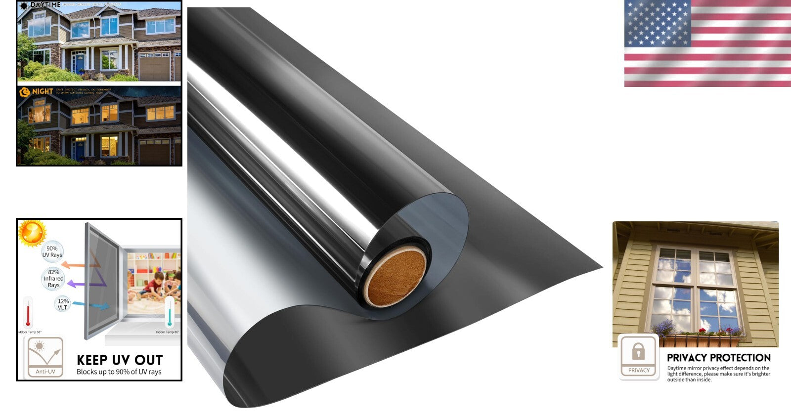 Energy-Saving UV Blocking Window Film - Static Cling, Black-Silver 23.6''x13.1'