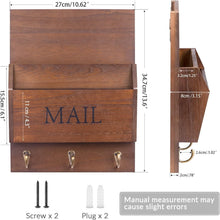 Load image into Gallery viewer, Rustic Wall-Mounted Mail Organizer with Key Holder and 3 Hooks in Dark Brown