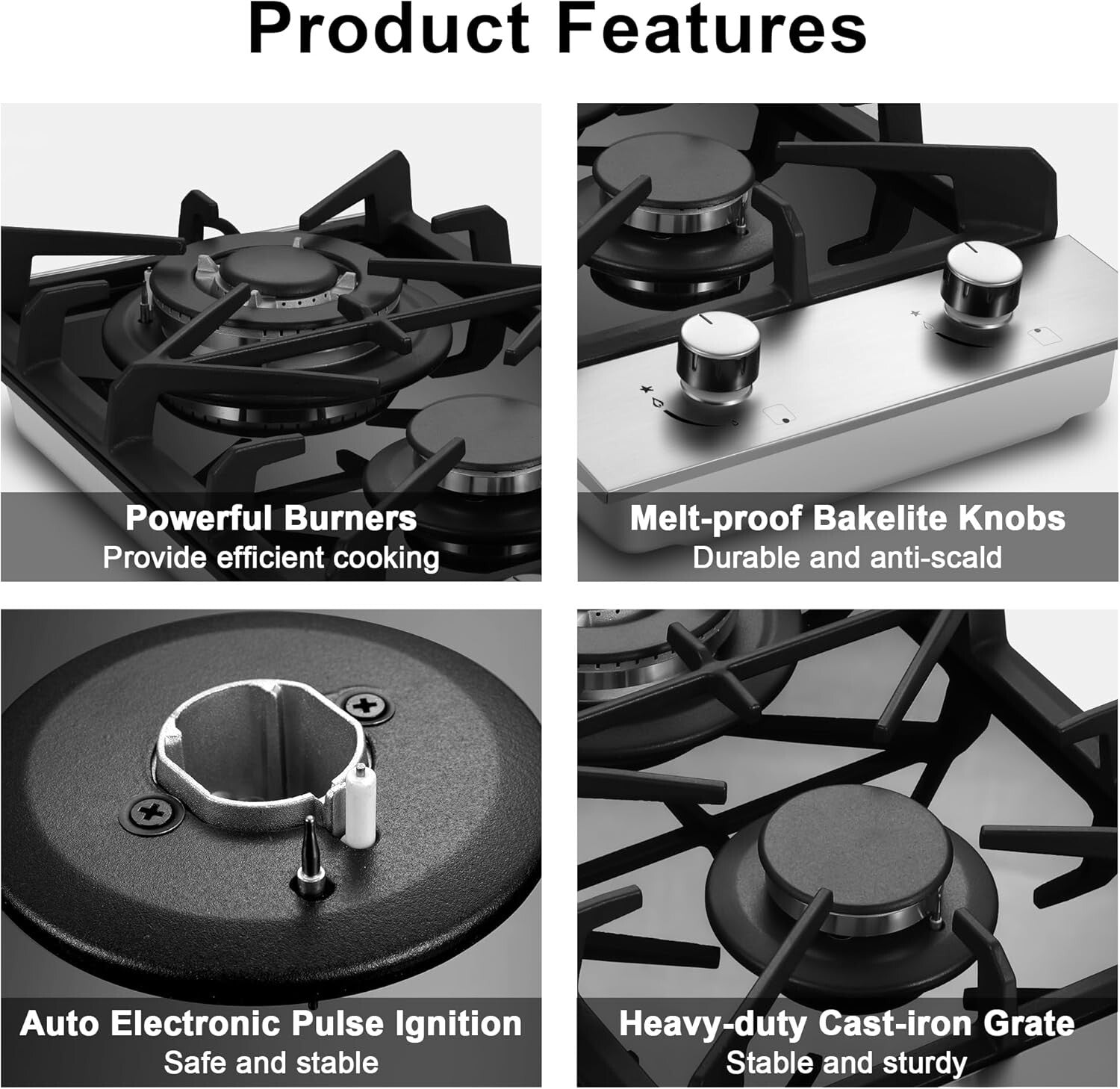 High-Performance 2 Burner Gas Stove with Electric Ignition & Safety Lock System