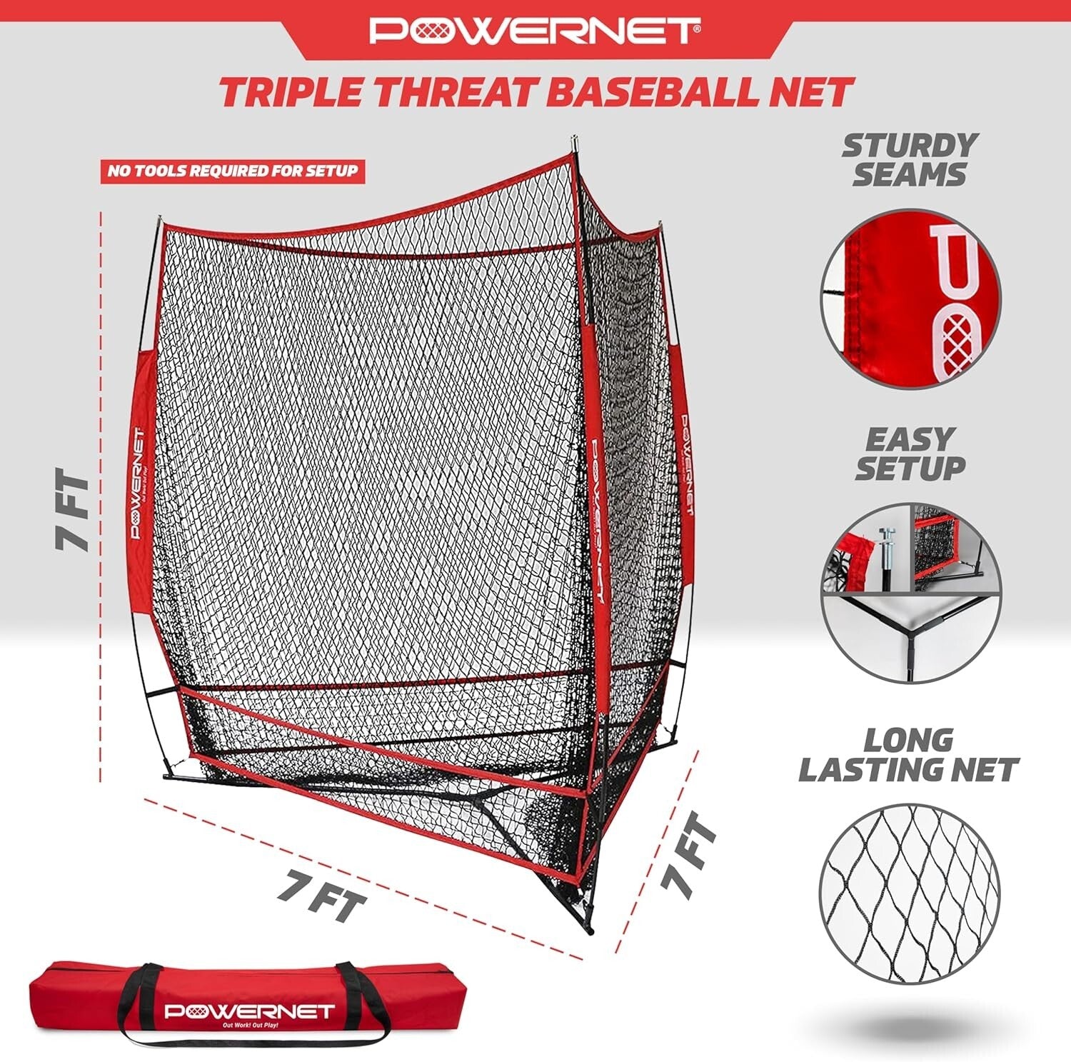 Triple Threat Baseball Net - 7' x 7' Hitting, Pitching & Batting Training Tool