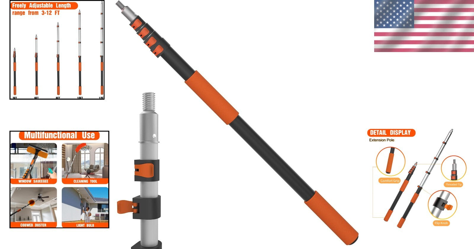 Versatile Telescoping Extension Pole 3-12FT - Ideal for Cleaning & Painting