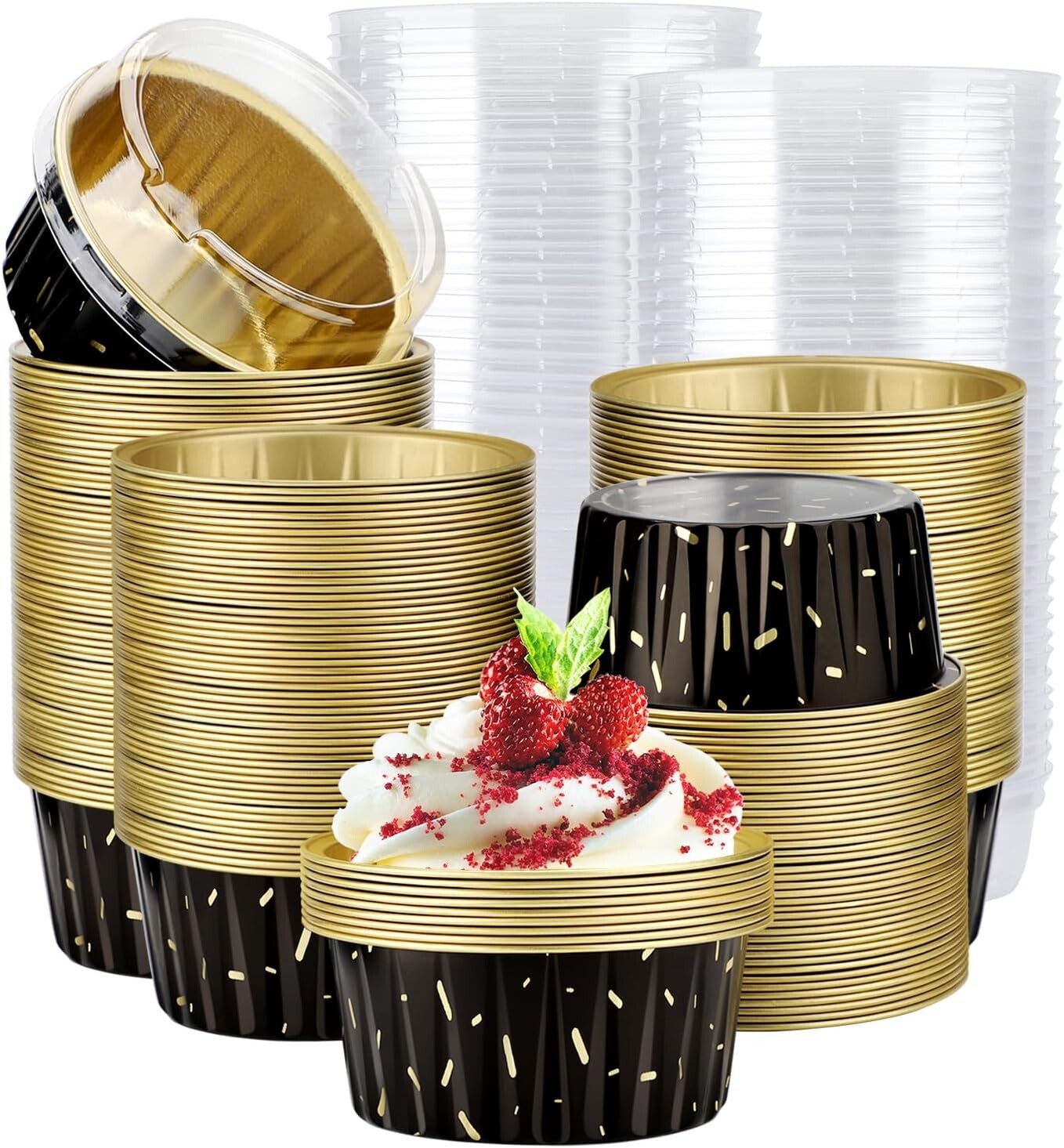 200pcs 5oz Disposable Ramekins - Reusable Aluminum Cupcake Baking Cups with Lids