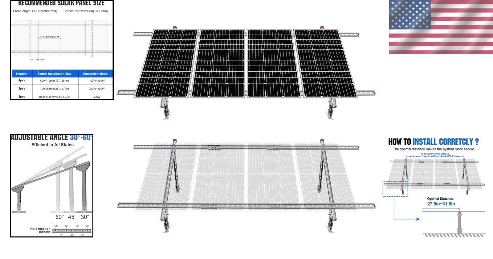 Adjustable Solar Panel Mounting Brackets Kit for 1-4 Panels - Ground System