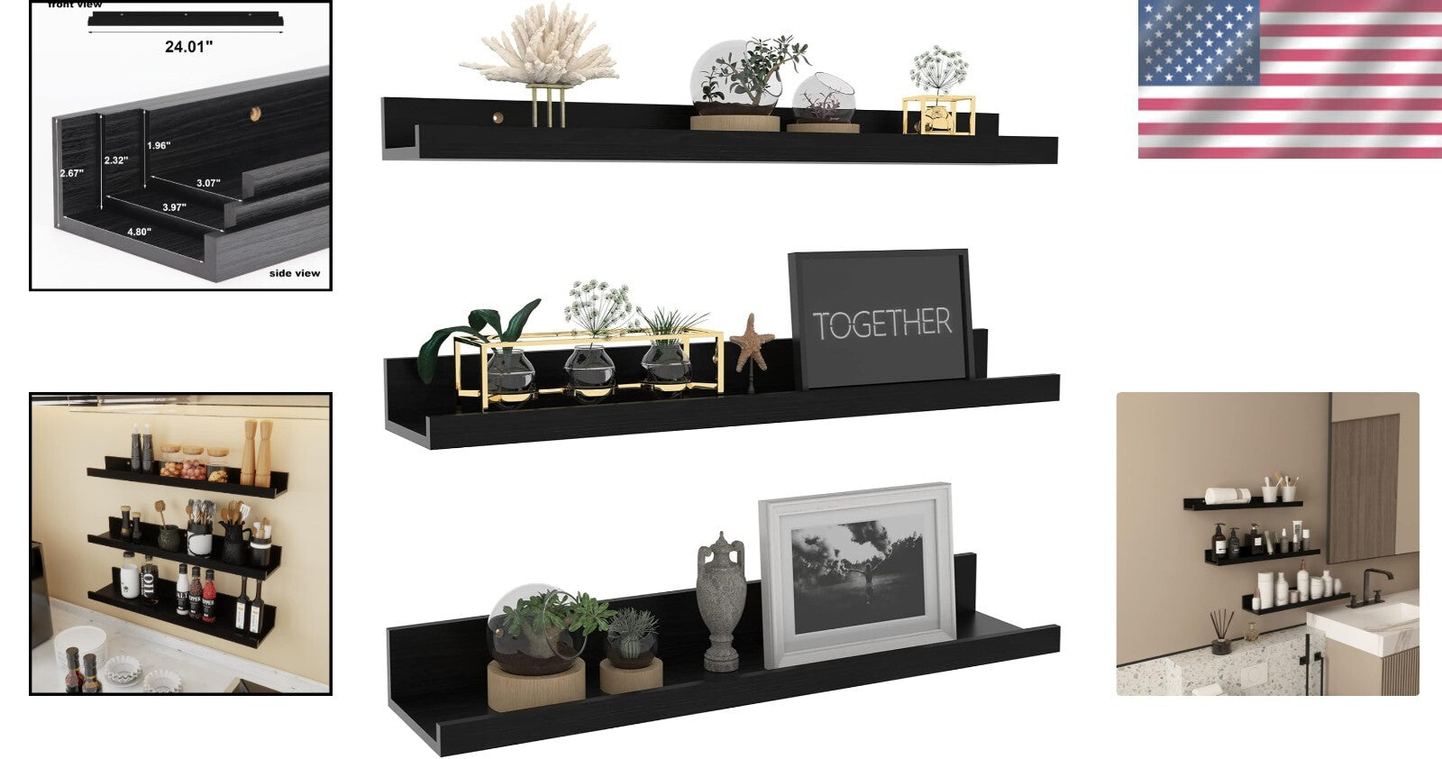 Elegant Black Floating Shelf Set with U-Shape Ledge - 24 Inch Wall Storage