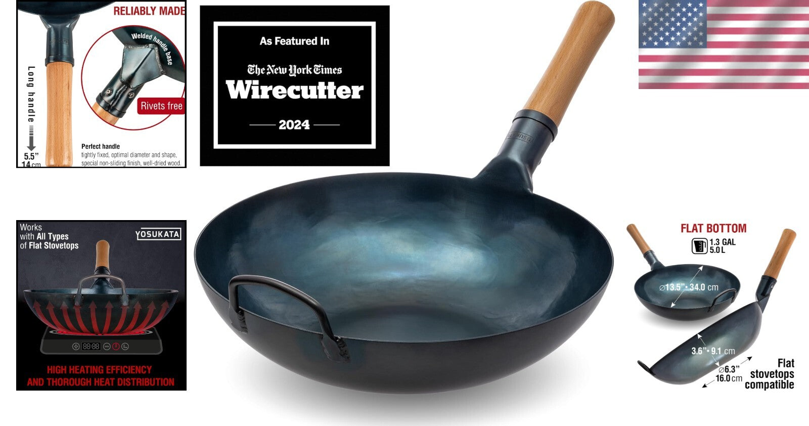 13.5" Blue Carbon Steel Wok - Pre-Seasoned for Induction and Gas Cooking