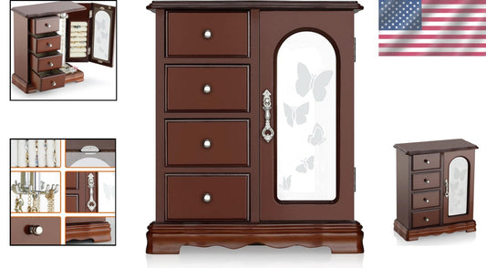 Chic Jewelry Box with 4 Drawer Design, Mirror & Necklace Holder - Gift Ready