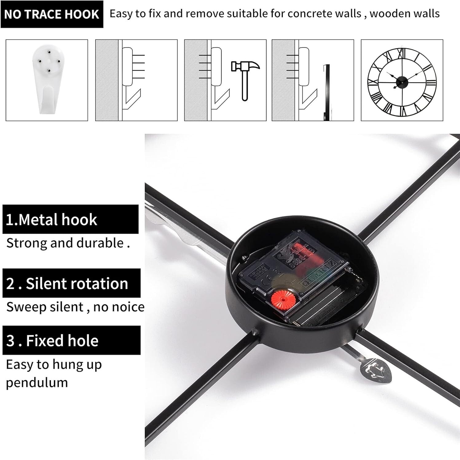 Elegant 18-Inch Retro Roman Numeral Wall Clock - Almost Silent Silver Decor