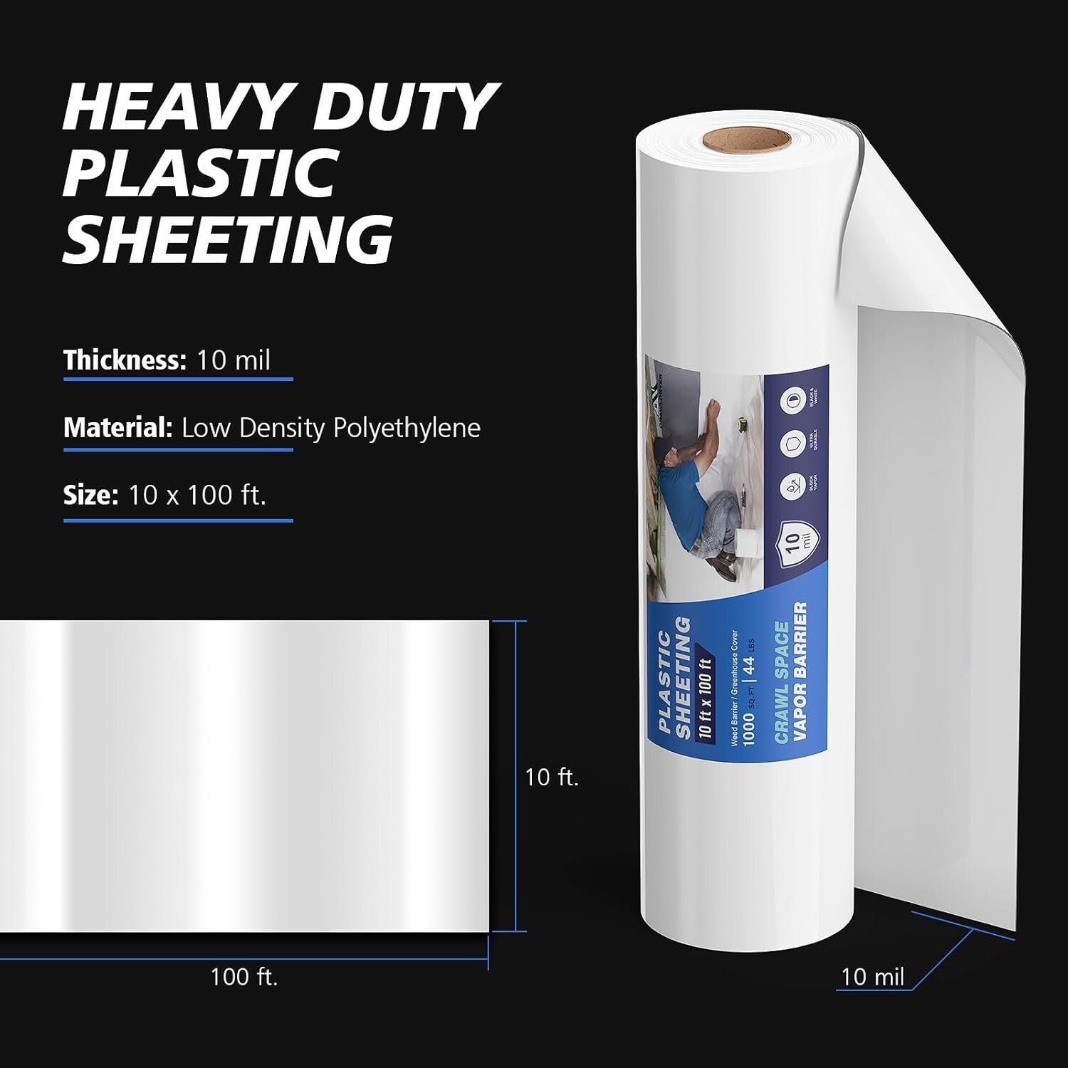 Black & White Panda Film: 10 Mil Thick Vapor Barrier & Drop Cloth - 100 ft Roll