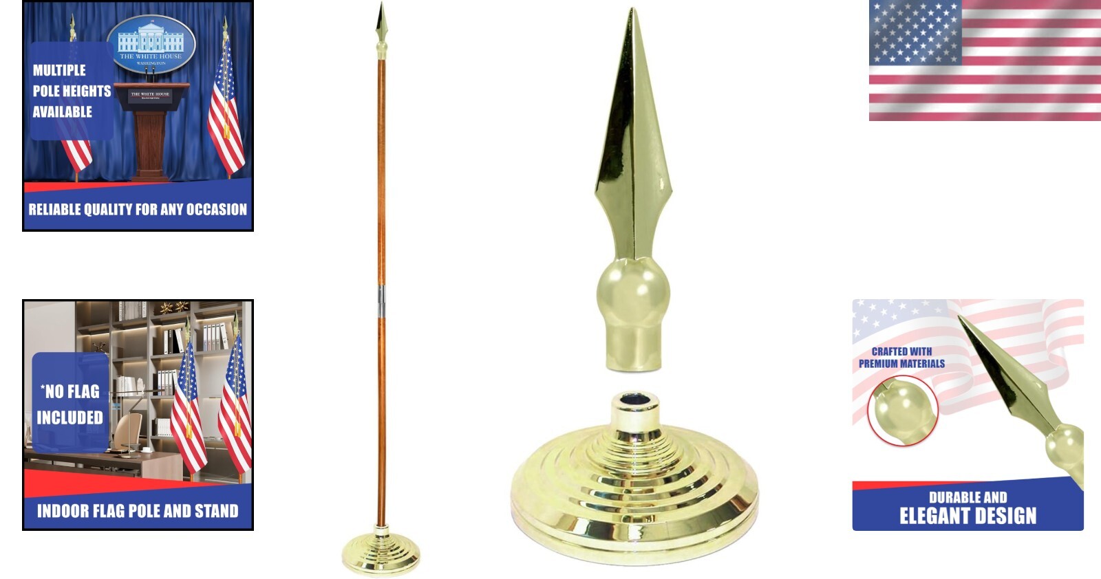 8ft Indoor Flag Pole Kit with Elegant Gold Base - Customizable Designs Available