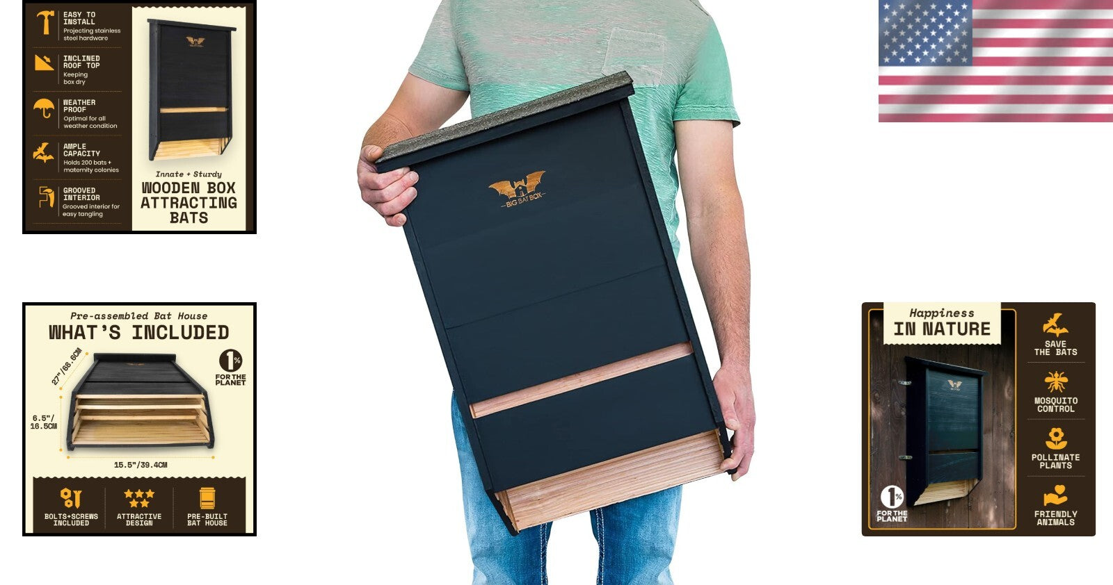 Weather-Resistant Black Bat Box - Easy Install 3 Chamber House for Outdoors