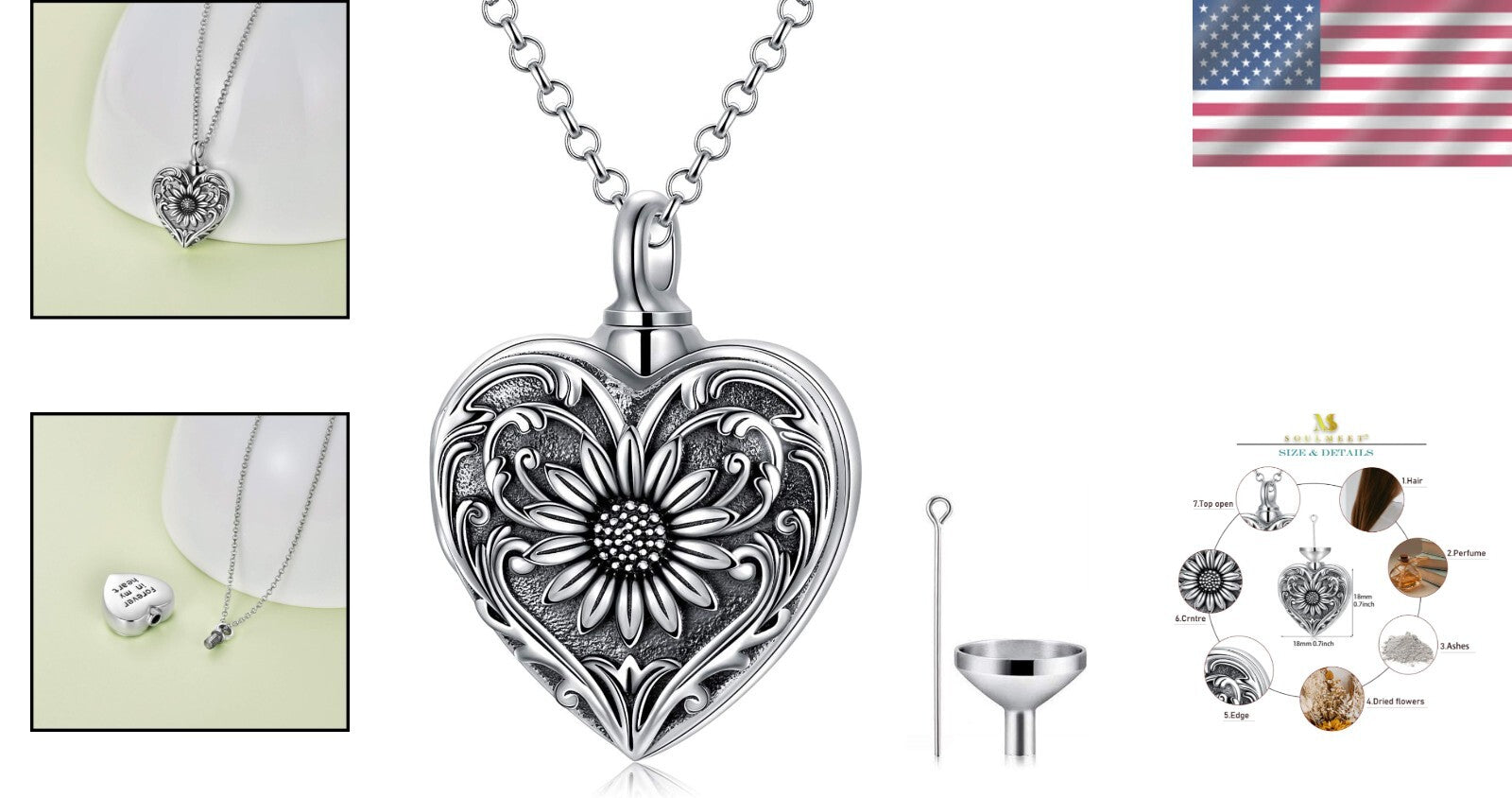 Sterling Silver Sunflower Cremation Necklace for Ashes - Forever In My Heart