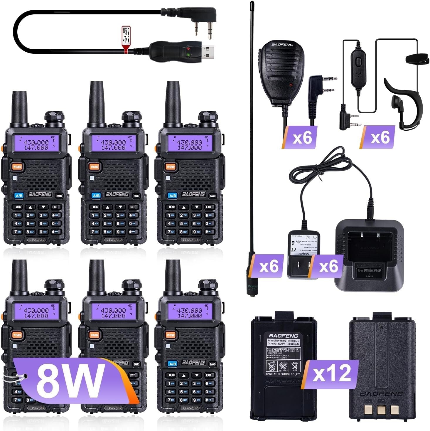 Beginner-Friendly UV-5R Ham Radio Set - 6 Radios, Programming Cable, Batteries