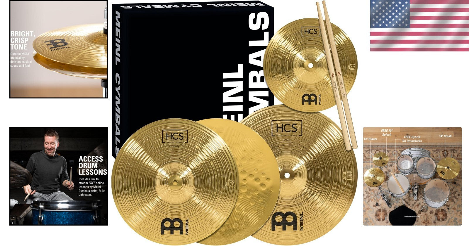 Durable Brass Cymbals HCS Set: 13" Hi-Hat, 14" Crash, 10" Splash, Sticks & More