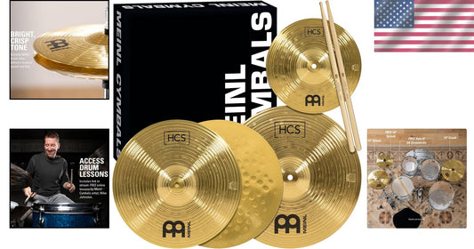 Durable Brass Cymbals HCS Set: 13" Hi-Hat, 14" Crash, 10" Splash, Sticks & More