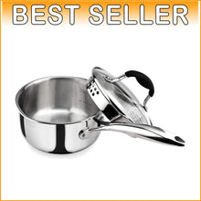 Load image into Gallery viewer, Premium Tri-Ply Stainless Steel Saucepan with Strainer Lid and Ergonomic Handle