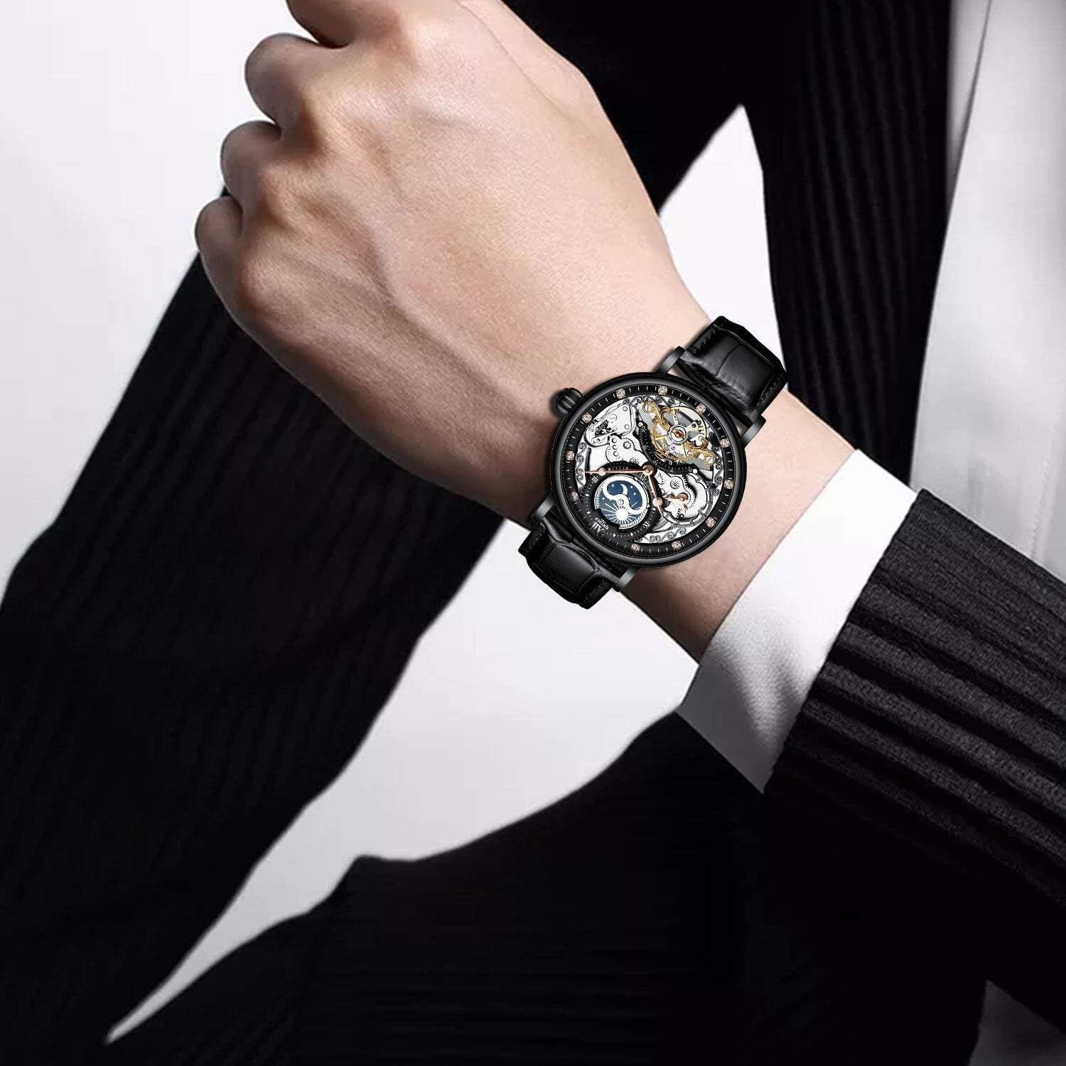 Men's Luxury Skeleton Automatic Watch with Luminous Hands & Moon Phase – Elegant