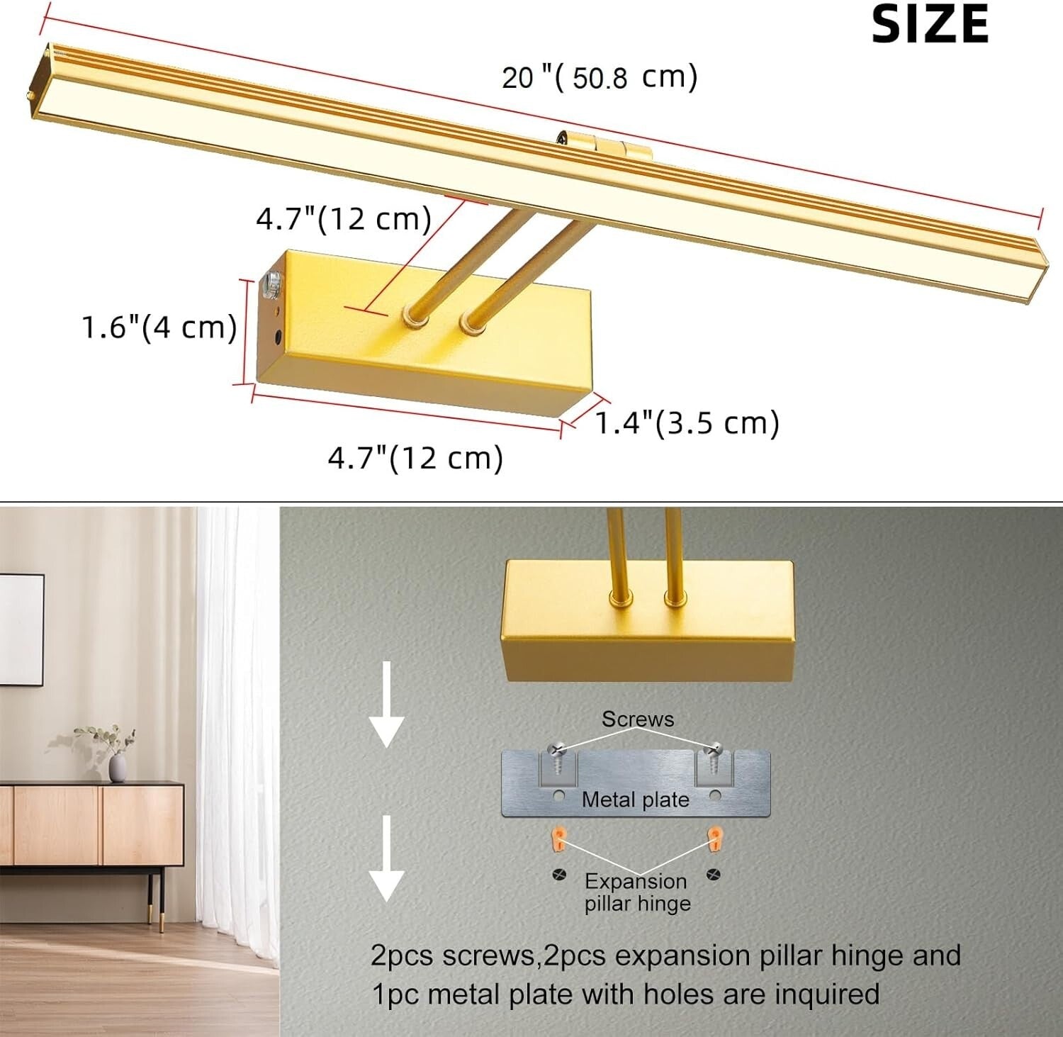 Battery-Powered 20” Gold Picture Light with Auto-Off Timer & Remote Control