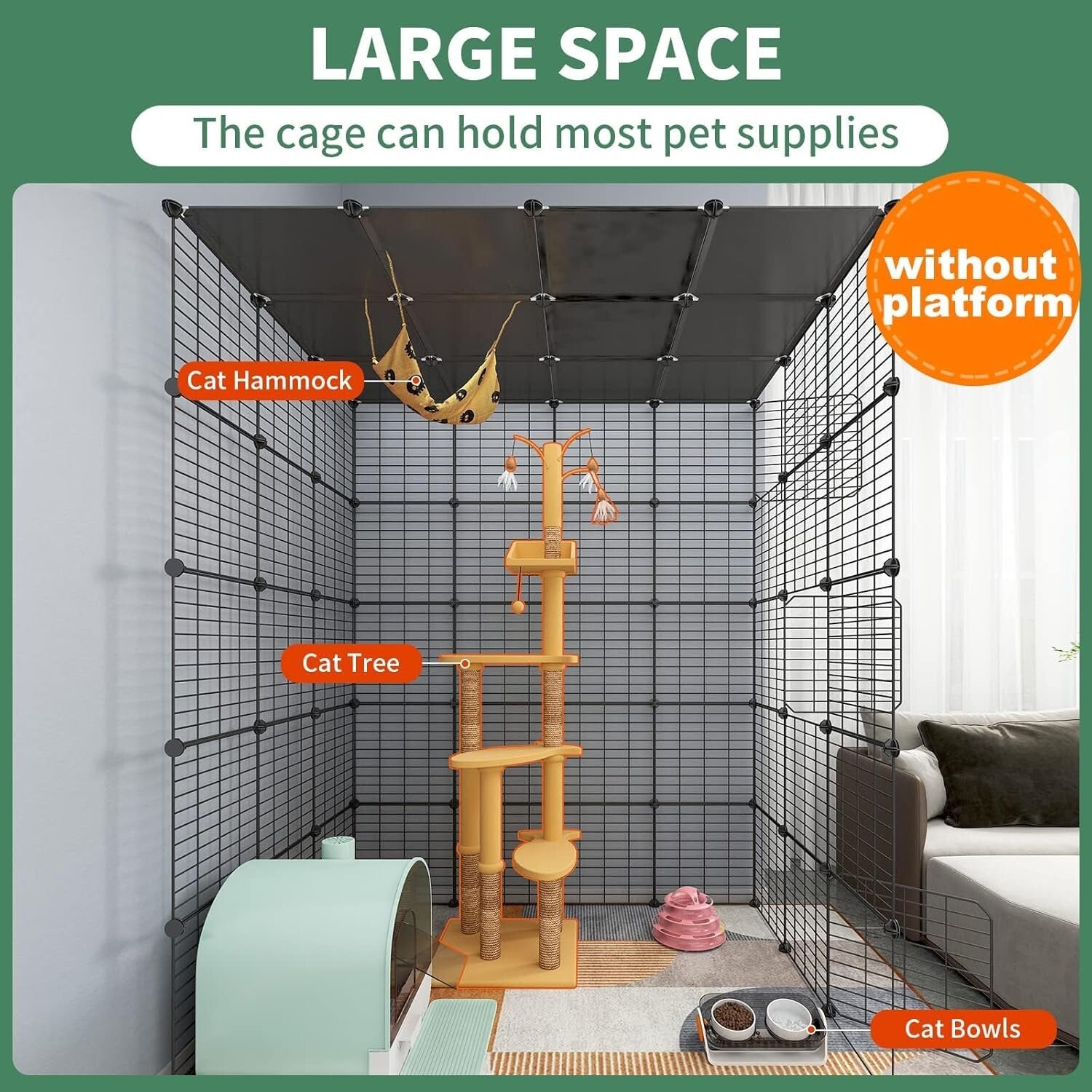 Modern Black Metal Cat Cage with Scratching Posts - Ideal for Indoor Leisure