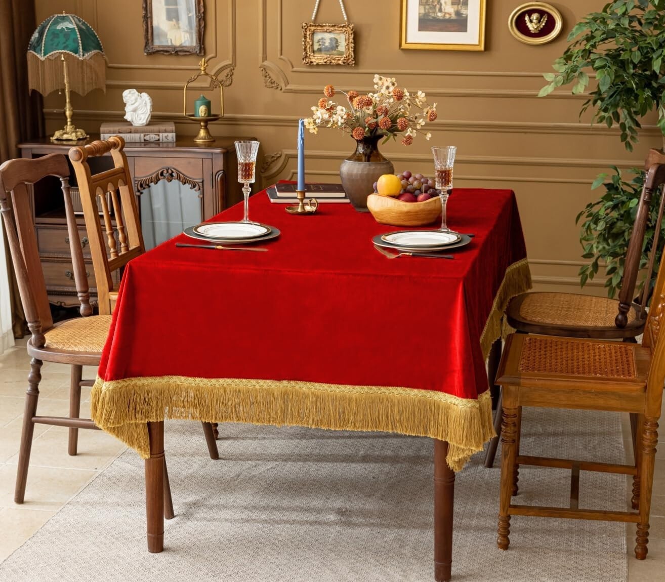 Elegant 60x120-Inch Red Velvet Tablecloth with Gold Tassel for Luxurious Dining
