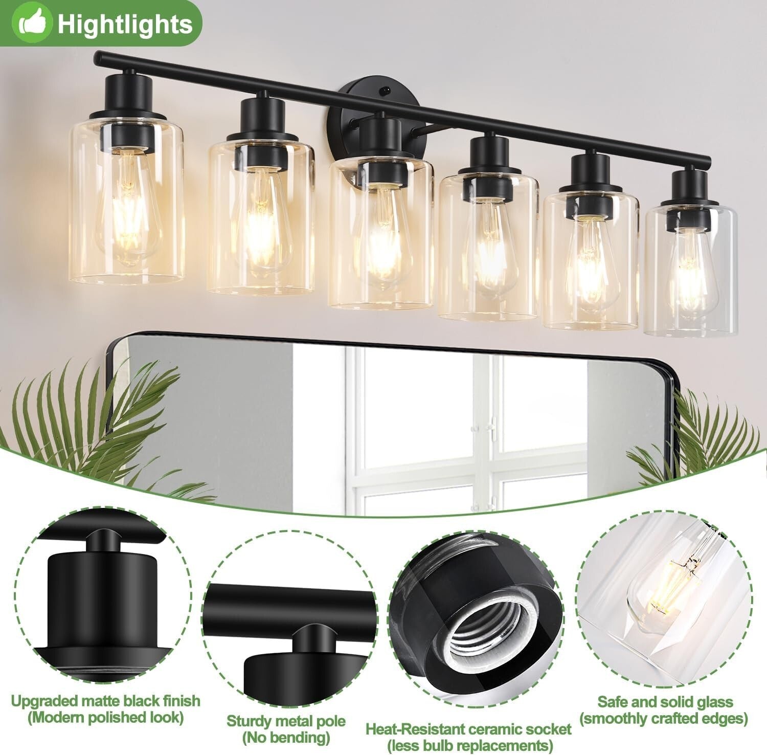Stylish Black 6-Light Vanity Light with Reversible Mount & LED Compatibility