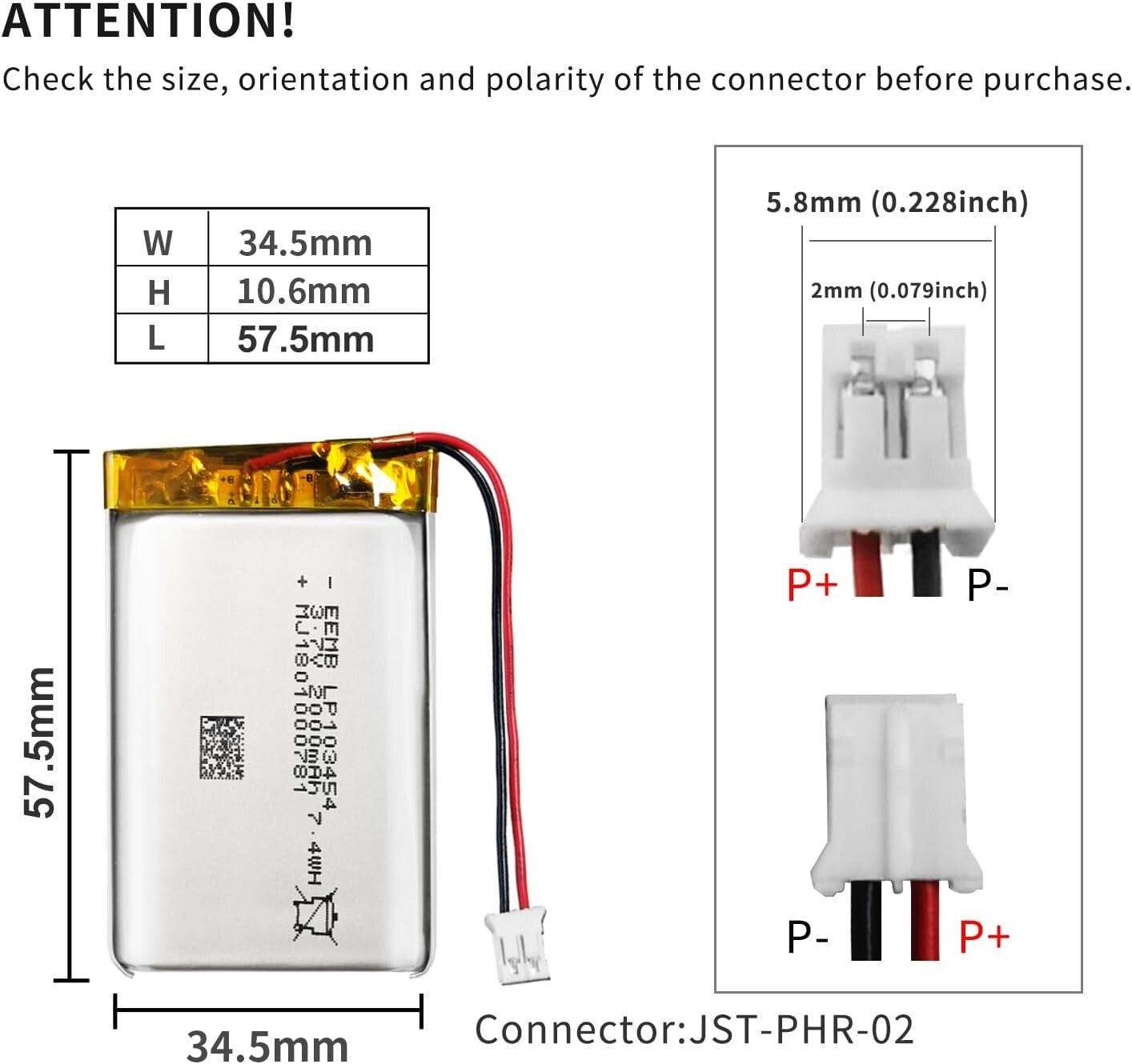 Rechargeable 3.7V Lithium Polymer Battery Pack - 10 x 2000mAh With JST Connector