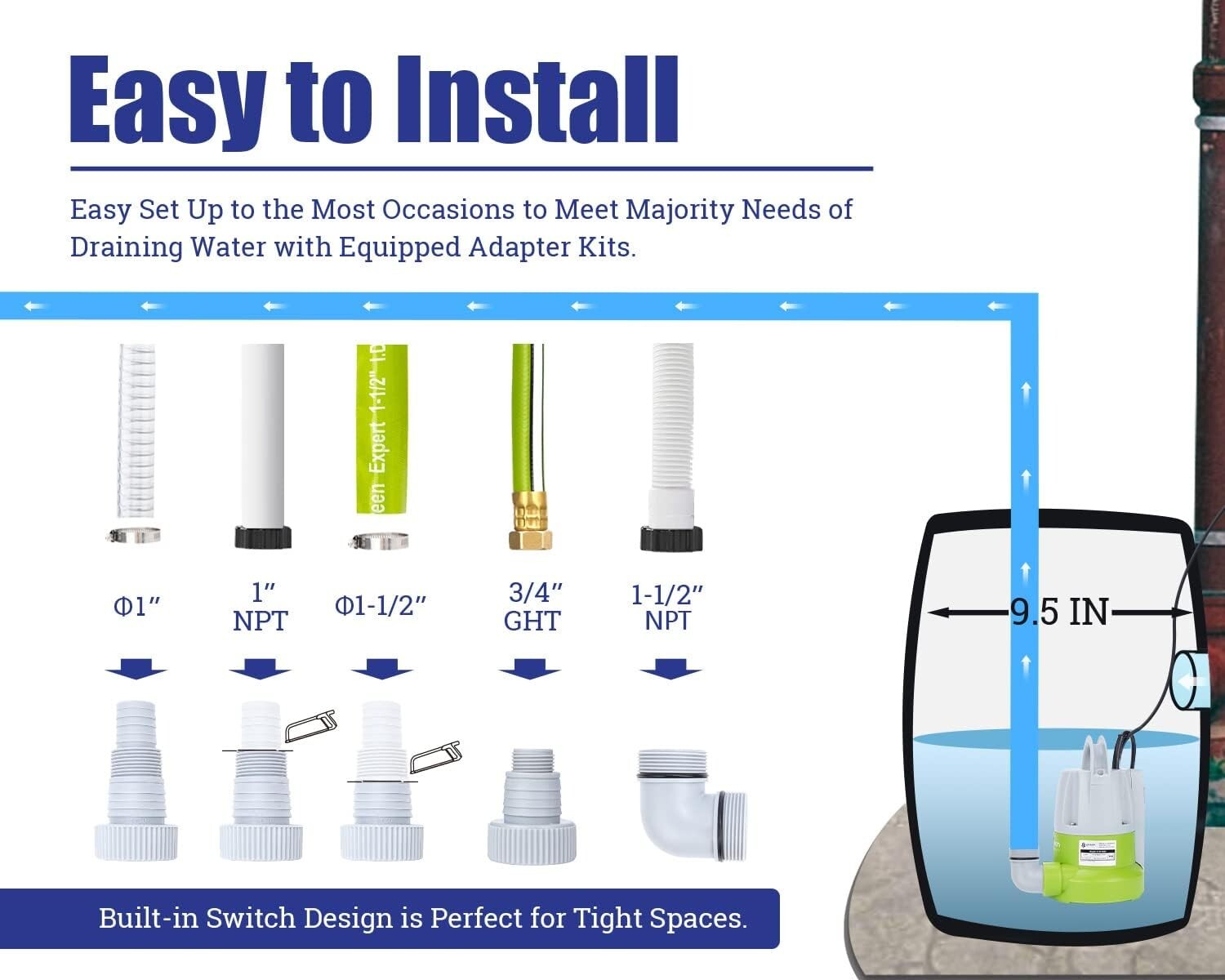 Effortless Water Removal: Green 1/3HP Submersible Pump with Automatic Function