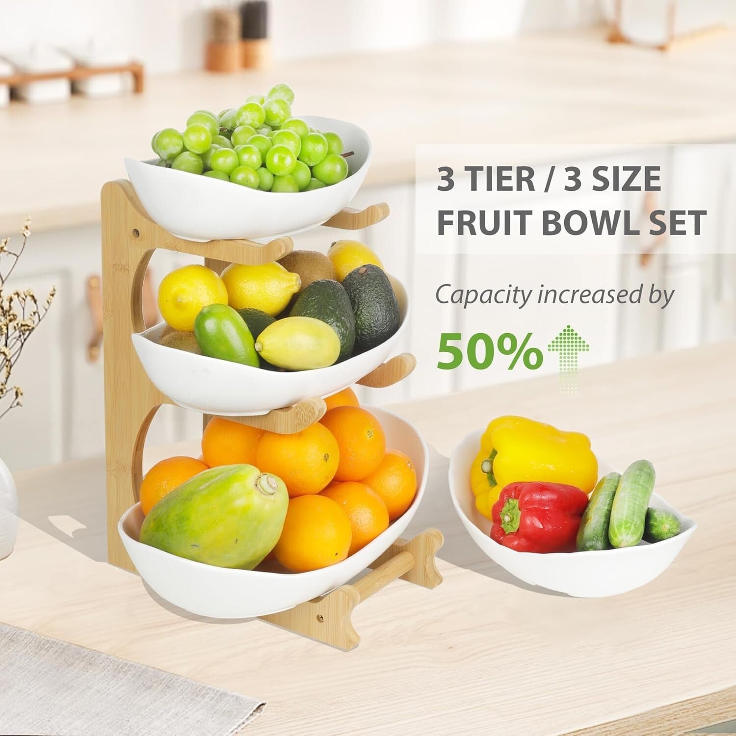 Stylish 3-Tier Fruit and Snack Bowl Set with Bamboo Stand - Perfect Gift Idea