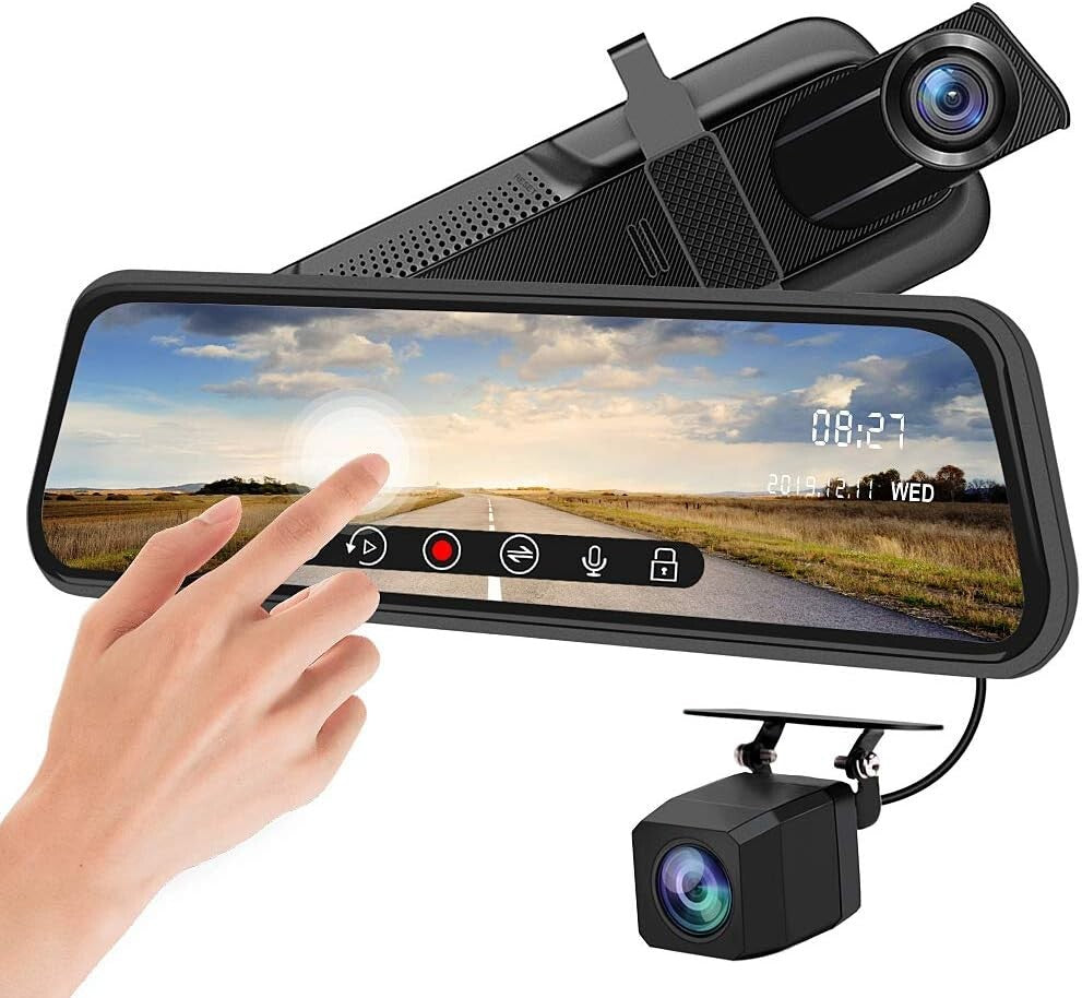 10-Inch Full HD Touchscreen Mirror Dash Cam - Waterproof Dual Lens with G-Sensor