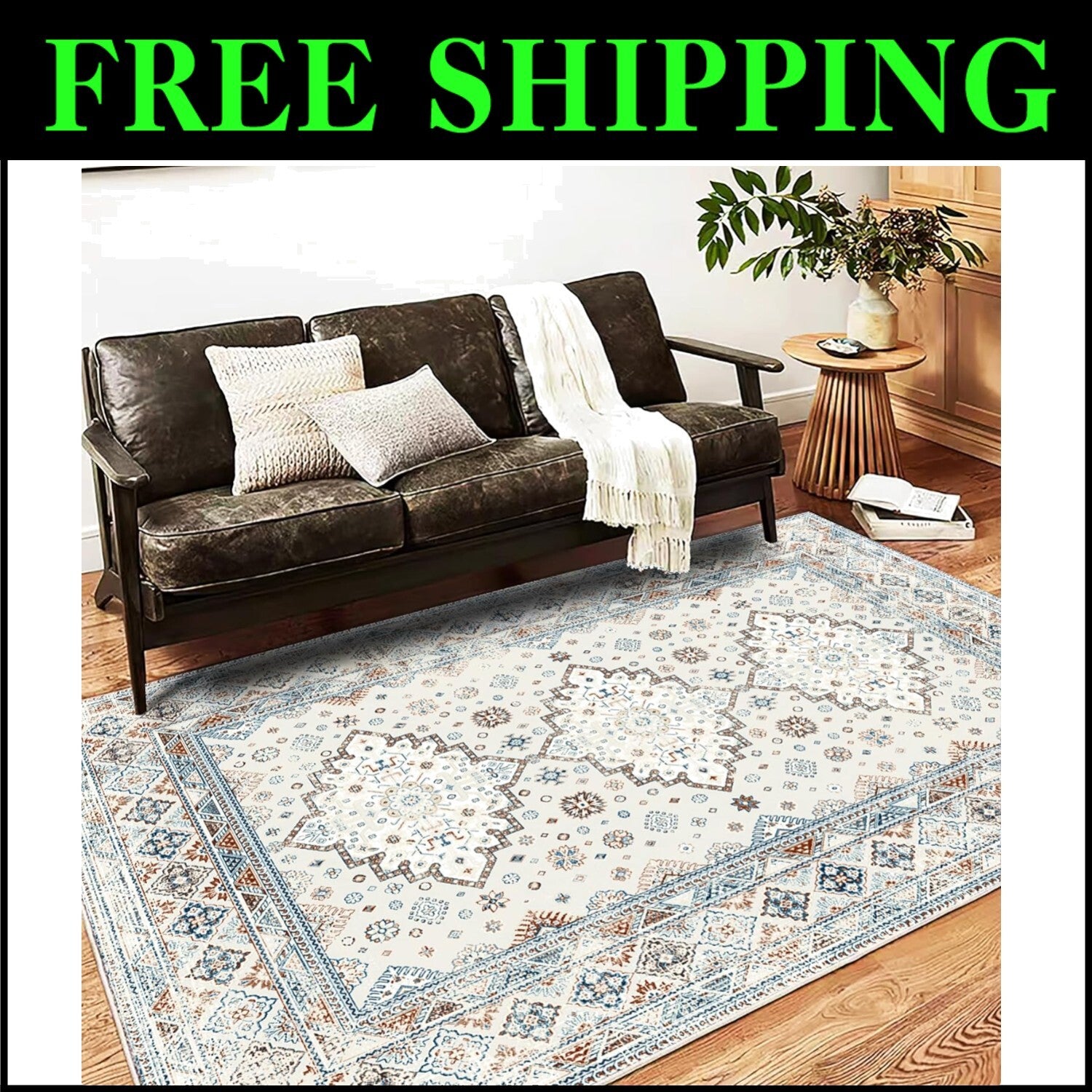Boho Chic Washable Area Rug 5x7 - Non-Slip Medallion Design for Modern Homes