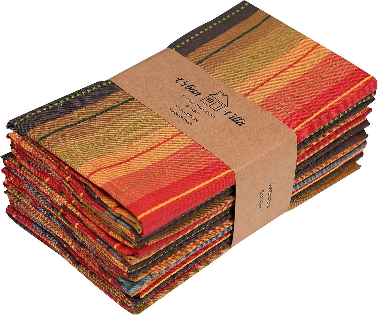 Red Multi Color Striped Napkin Set - 12 Premium Cotton Dinner Napkins 20x20