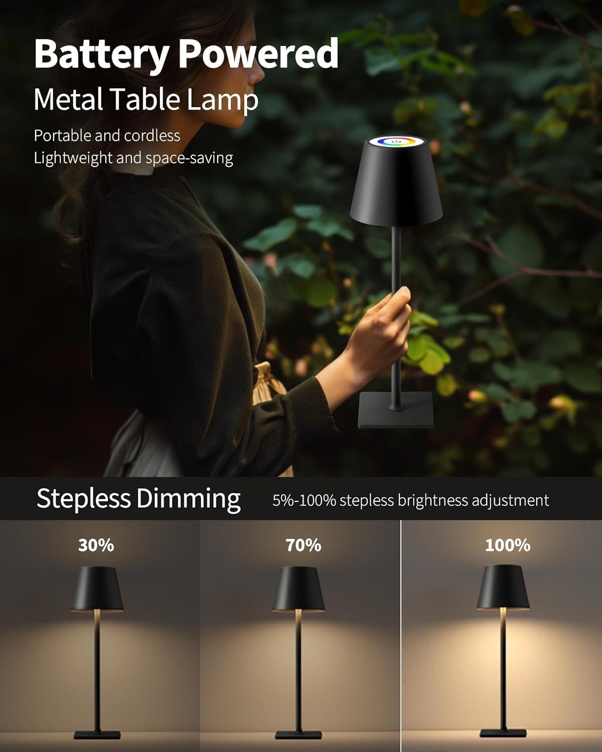 2 Pack Portable Cordless Table Lamp with RGB Stepless Dimming - 14.2 Inch Black