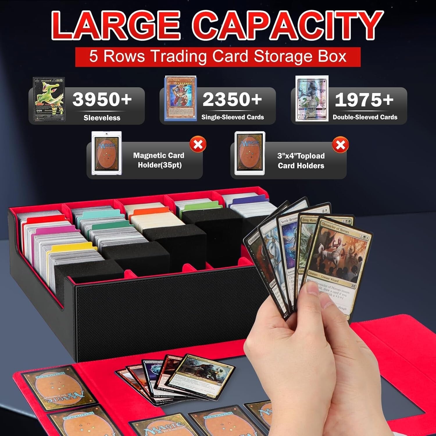 Elegant 3900+ Card Storage Box with 48 Dividers, Magnetic Closure & Foam Support