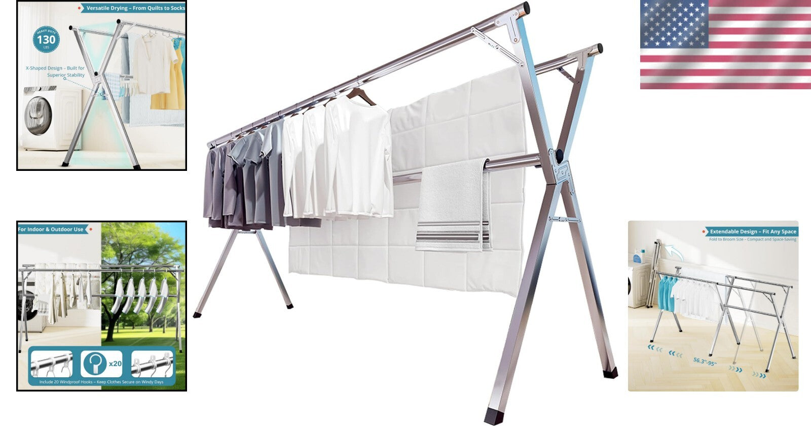 95-Inch Heavy Duty Stainless Steel Clothes Drying Rack with 20 Windproof Hooks