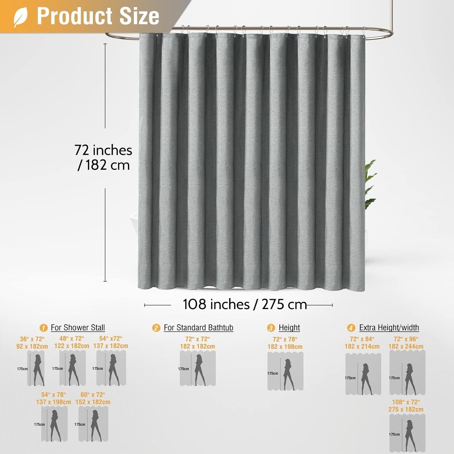 Extra Wide 108x72 Inch Waterproof Linen Textured Shower Curtain Set in Grey