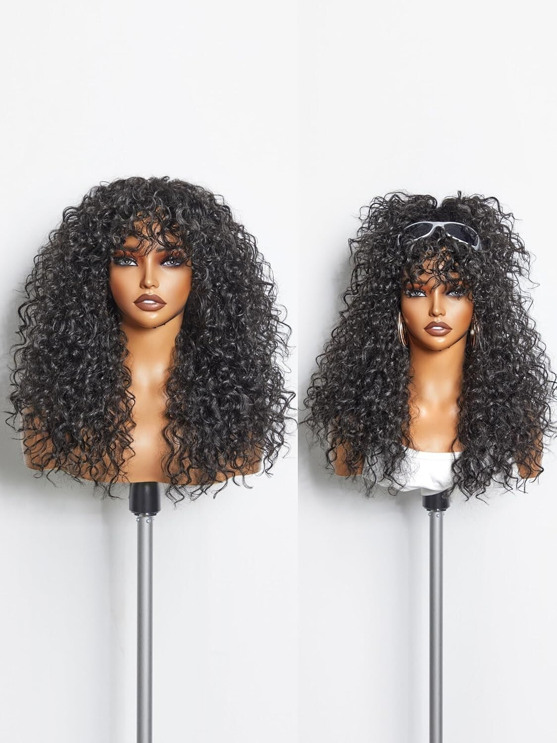 Effortless Style: 20-Inch Glueless Black Curly Wig with Face-Framing Bangs
