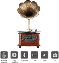 Load image into Gallery viewer, Vintage Phonograph Retro Turntable with Copper Horn – Bluetooth &amp; Aux Input