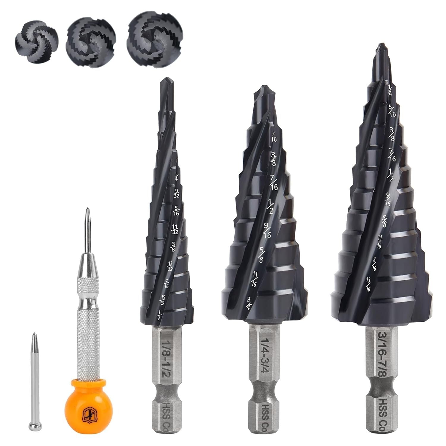 Heavy-Duty Cobalt Step Drill Bit Set, 3PCS with Magnetic Hex Shank & 4 Flutes