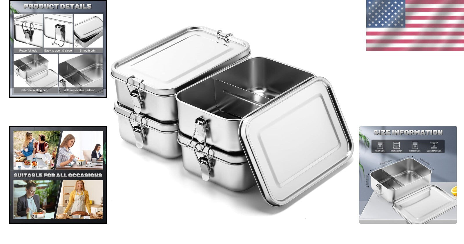 4-Piece Leak-Proof Stainless Steel Bento Lunch Box Set, Ideal for Work & Picnics