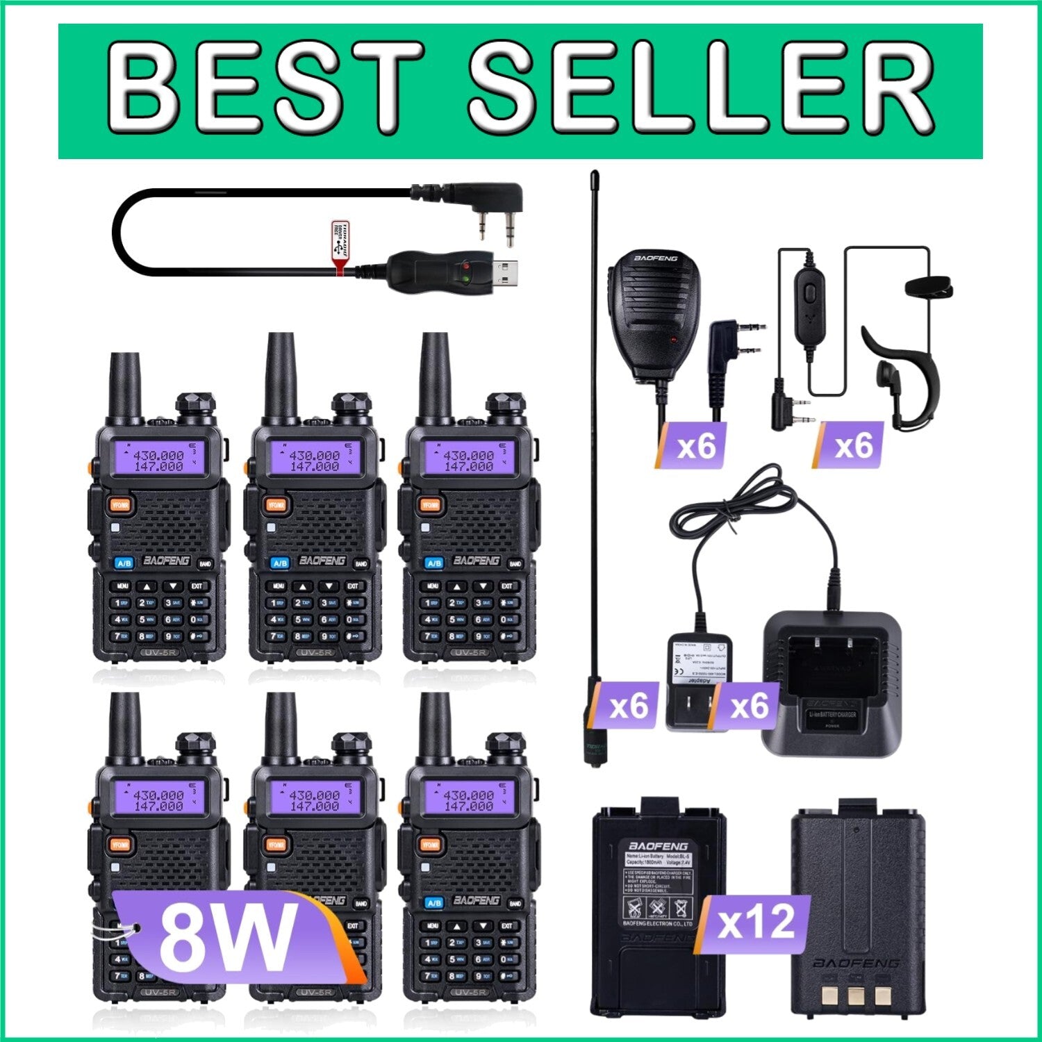 Beginner-Friendly UV-5R Ham Radio Set - 6 Radios, Programming Cable, Batteries