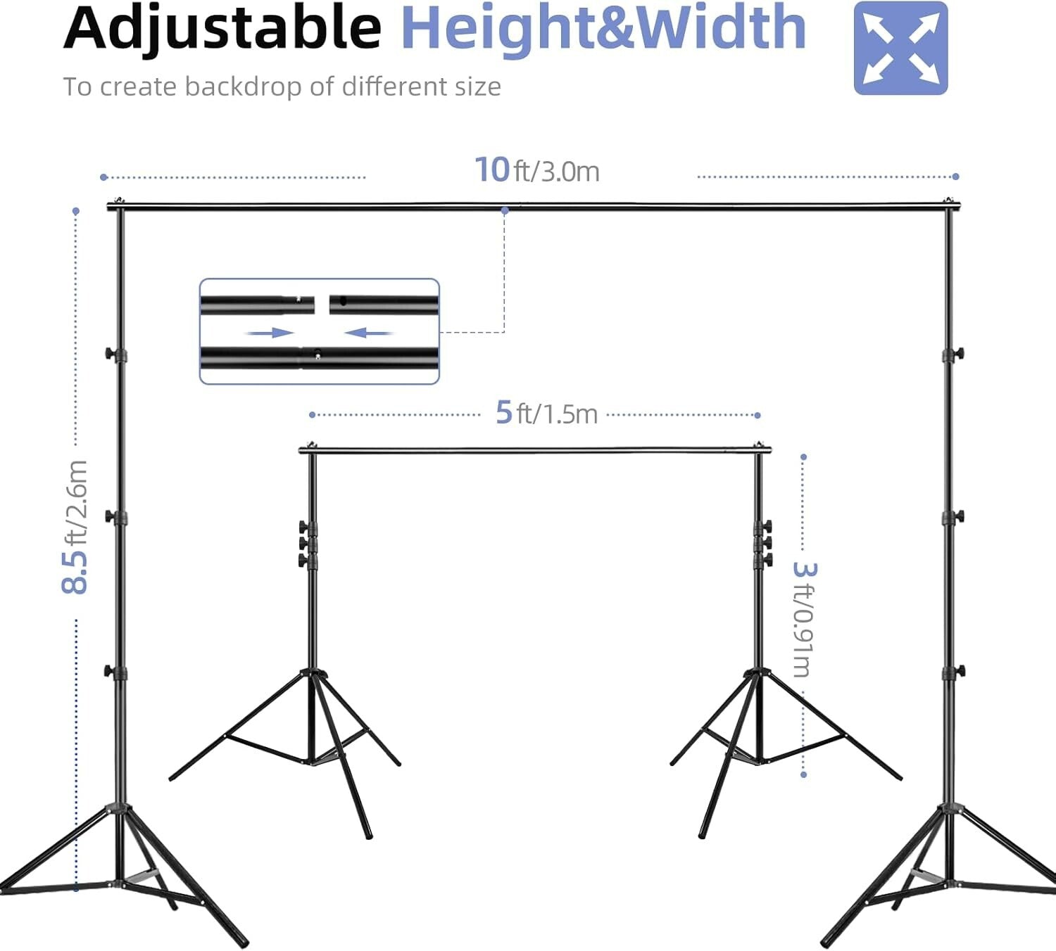 Adjustable 8.5x10ft Photo Studio Backdrop Stand with 3 Wrinkle-Resistant Styles