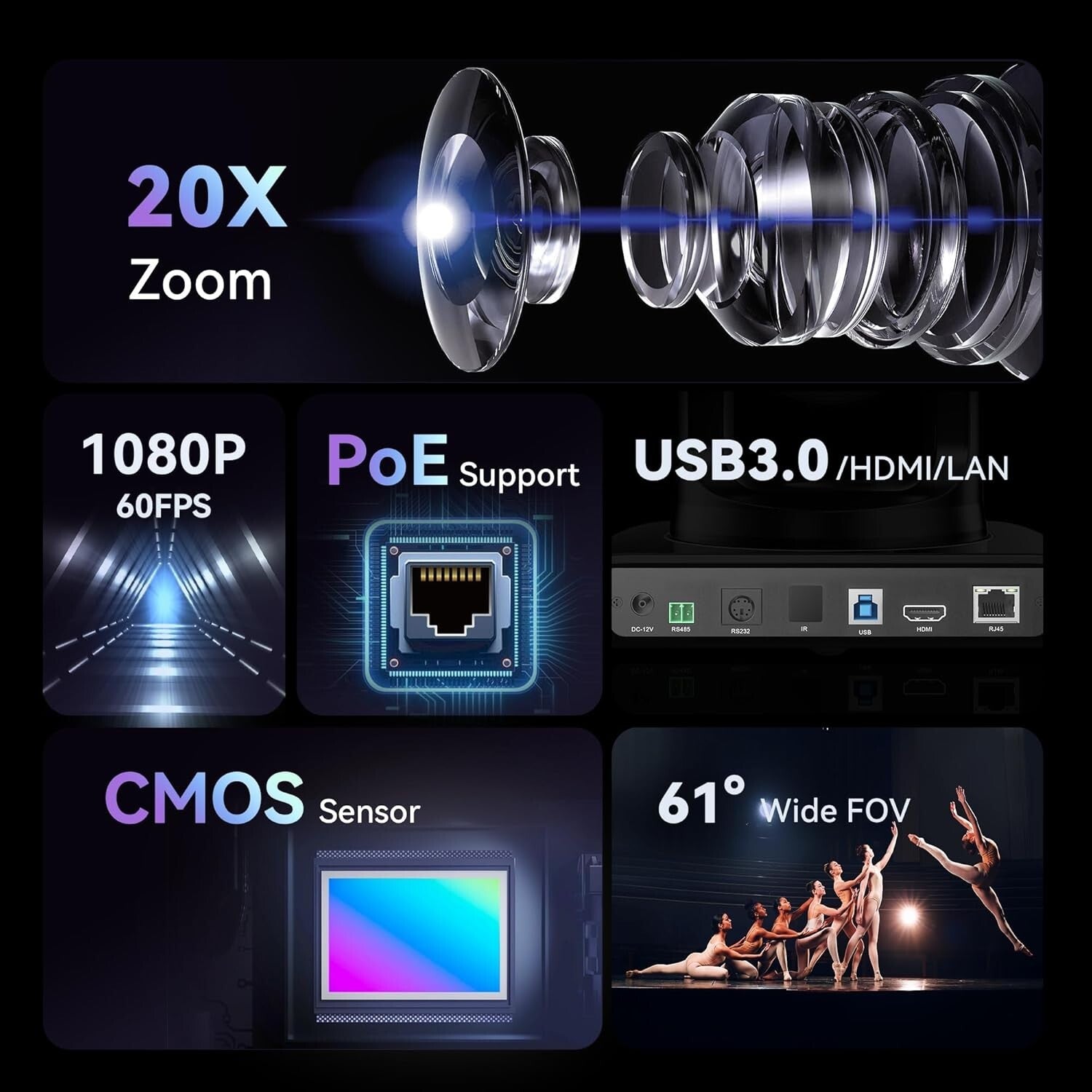 20X Optical Zoom PTZ Camera - FHD 1080P 60FPS for Professional Live Streaming