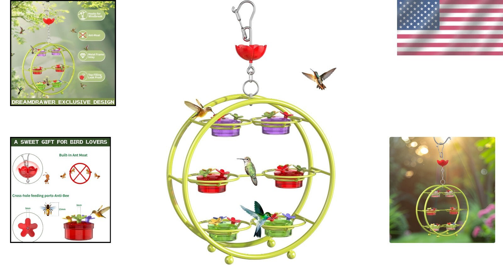 Unique Multi-Port Hummingbird Feeder - Top Fill & Leak-Proof Design in Green