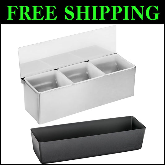 Multi-Compartment Stainless Steel Condiment Organizer with Hinged Acrylic Lid