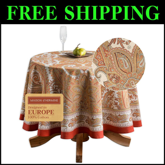 Round Cotton Tablecloth 63 Inches - Elegant Kashmir Paisley for All Occasions