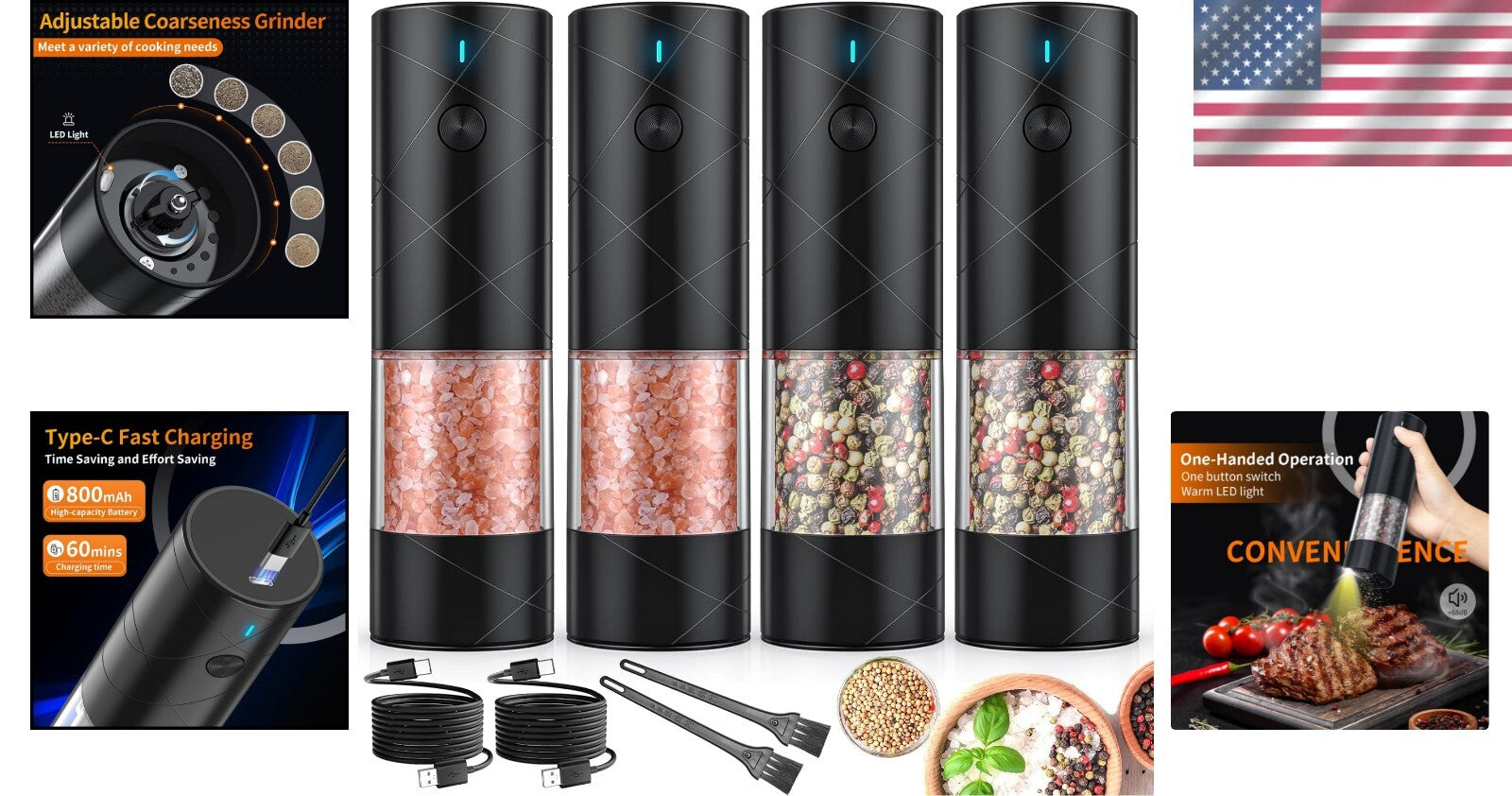 4-Pack Rechargeable Electric Salt & Pepper Grinders with LED Light & Adjustab...