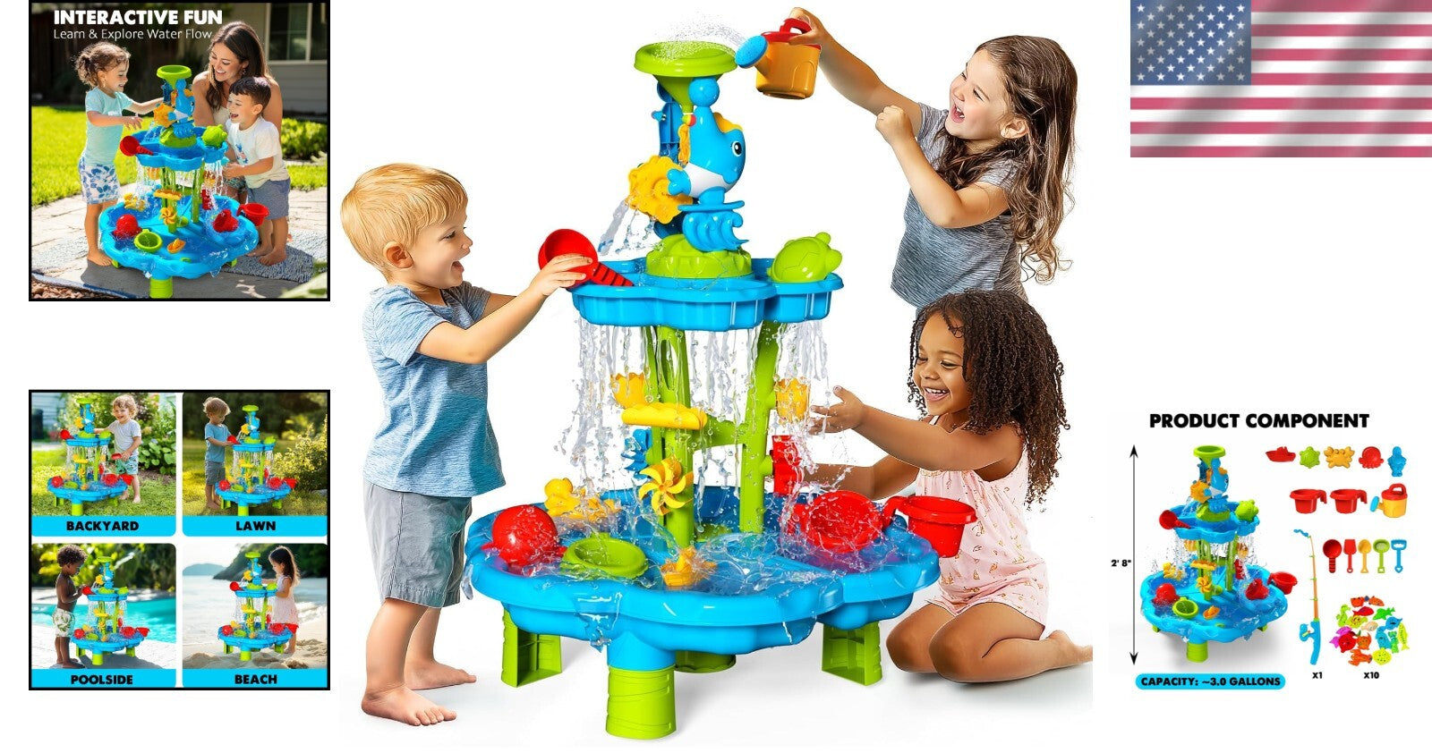 Versatile Water Table for Toddlers | 2-Tier Fountain with Building Parts & Toys