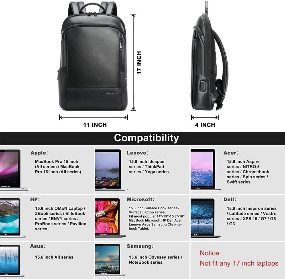Elegant Black Leather Laptop Rucksack with USB Charging & Hidden Zipper Security