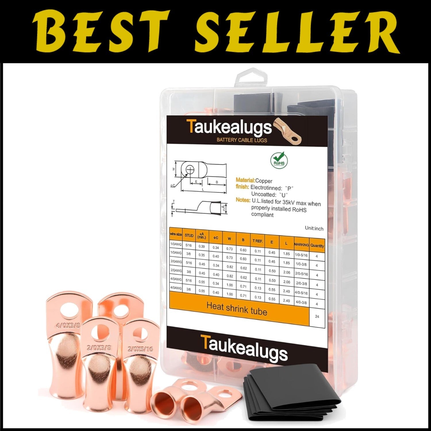 48PCS Copper Wire Lugs Ends Assortment for 1/0 to 4/0 Gauge - UL Certified