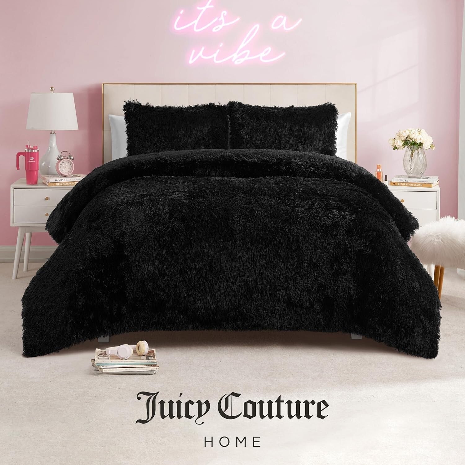 Luxurious Shaggy Faux Fur Black King Comforter Set - 3-Piece Glam Bedding