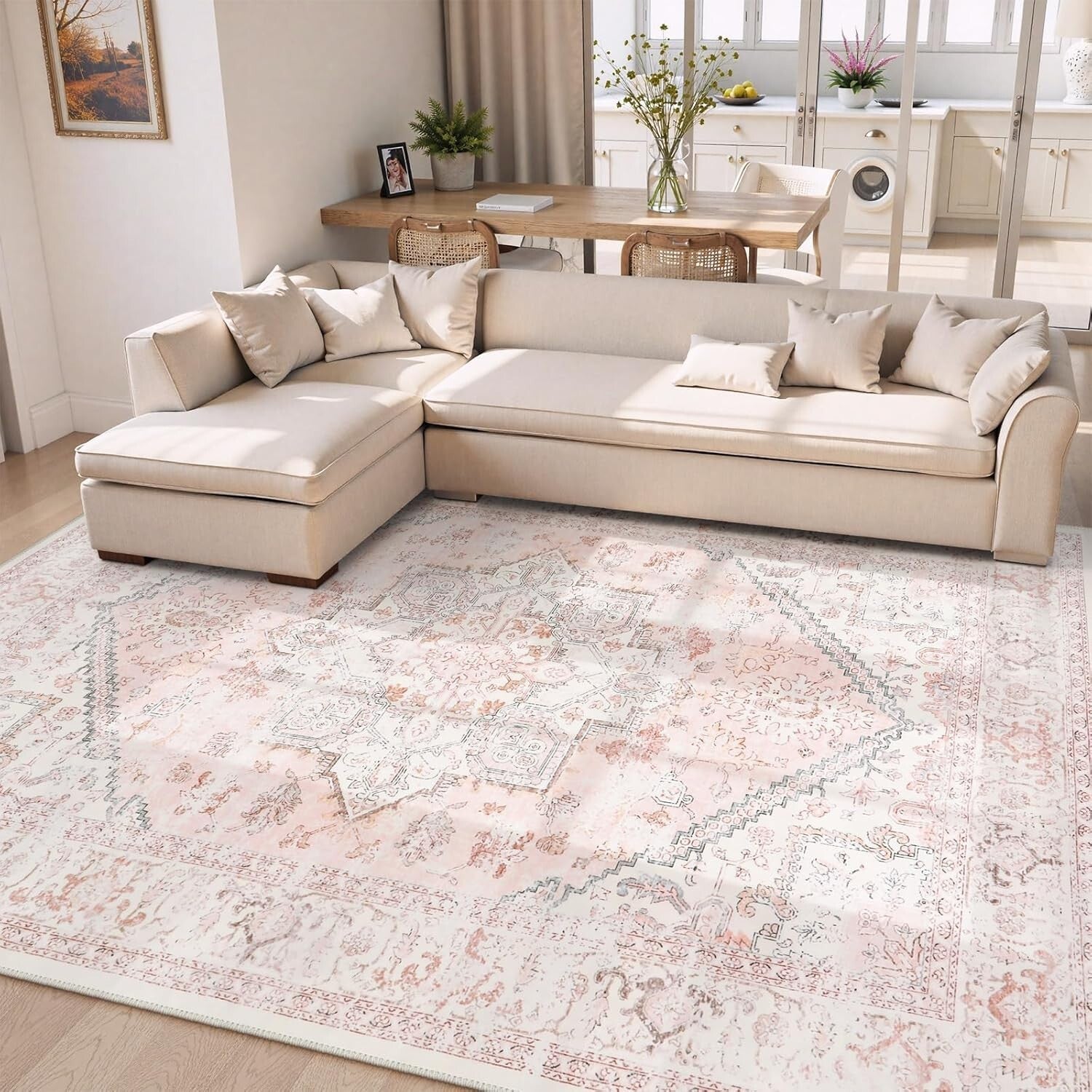 Beautiful Pink Medallion Area Rug 8x10 - Bohemian Floral Carpet for Indoor Use